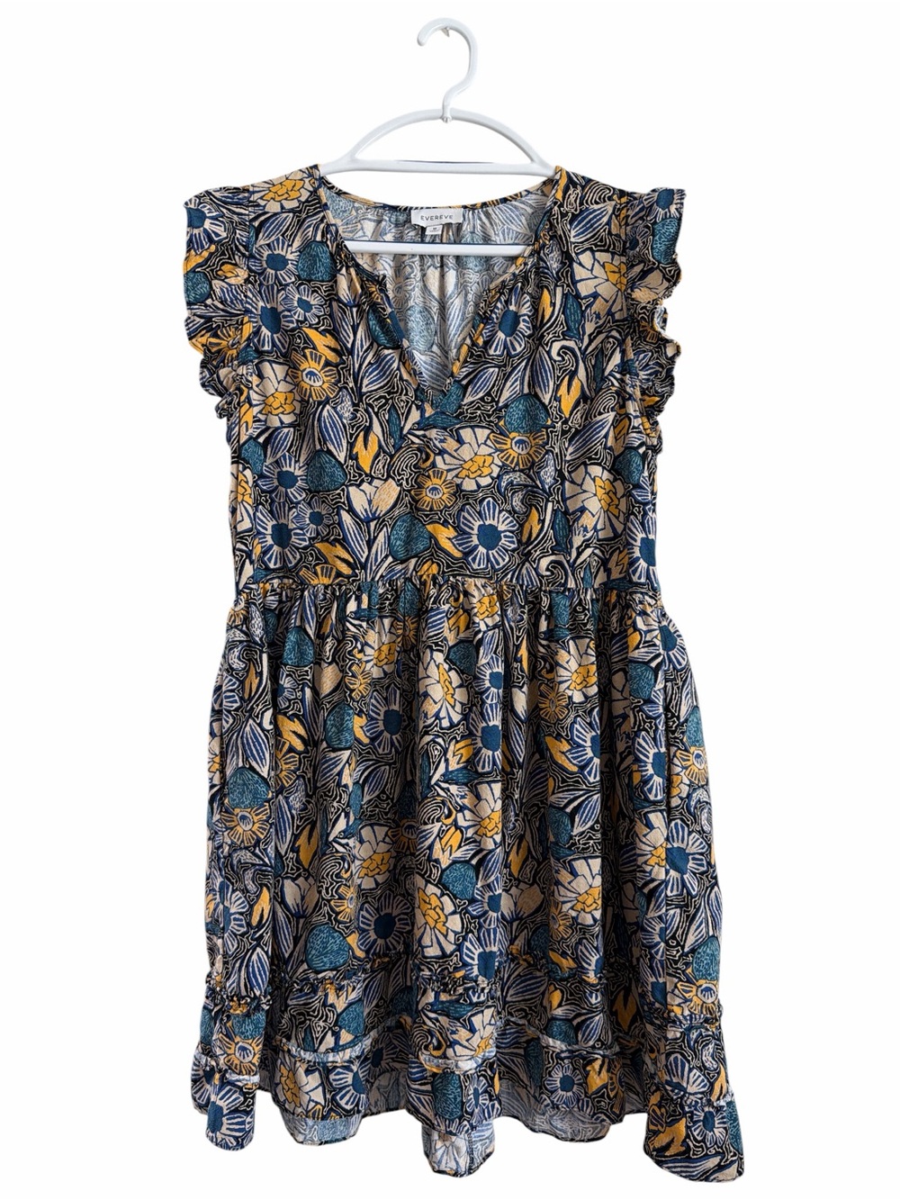 Evereve Floral Ruffle-Sleeve Dress in Navy and Mustard Size Medium